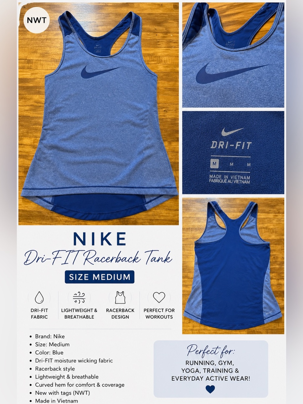 Nike Dri-Fit Royal Blue Running Tank Top Med Activewear Athletic Racerback (u1)